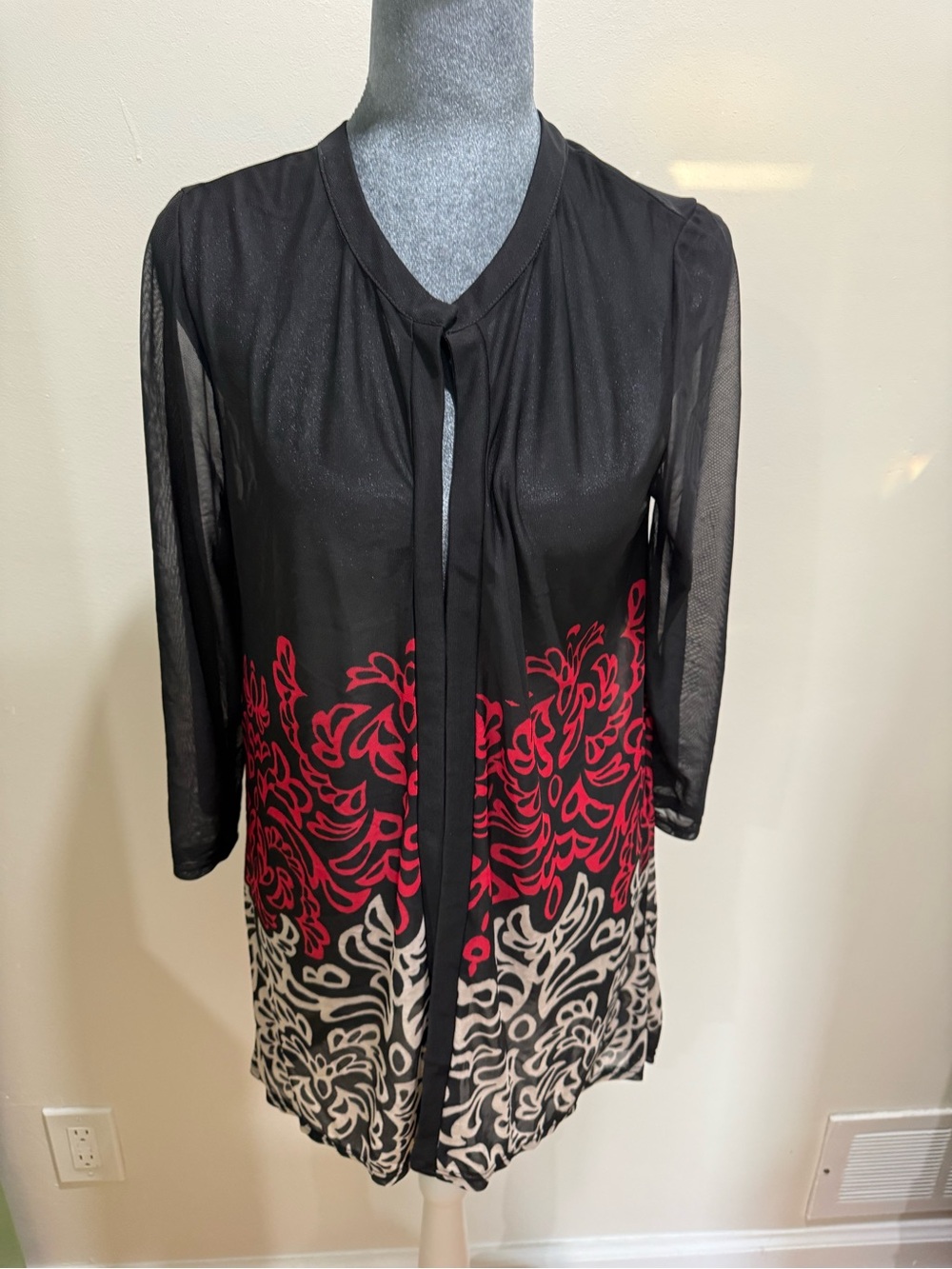 Chico's Black Tunic with Red & Cream Floral Border